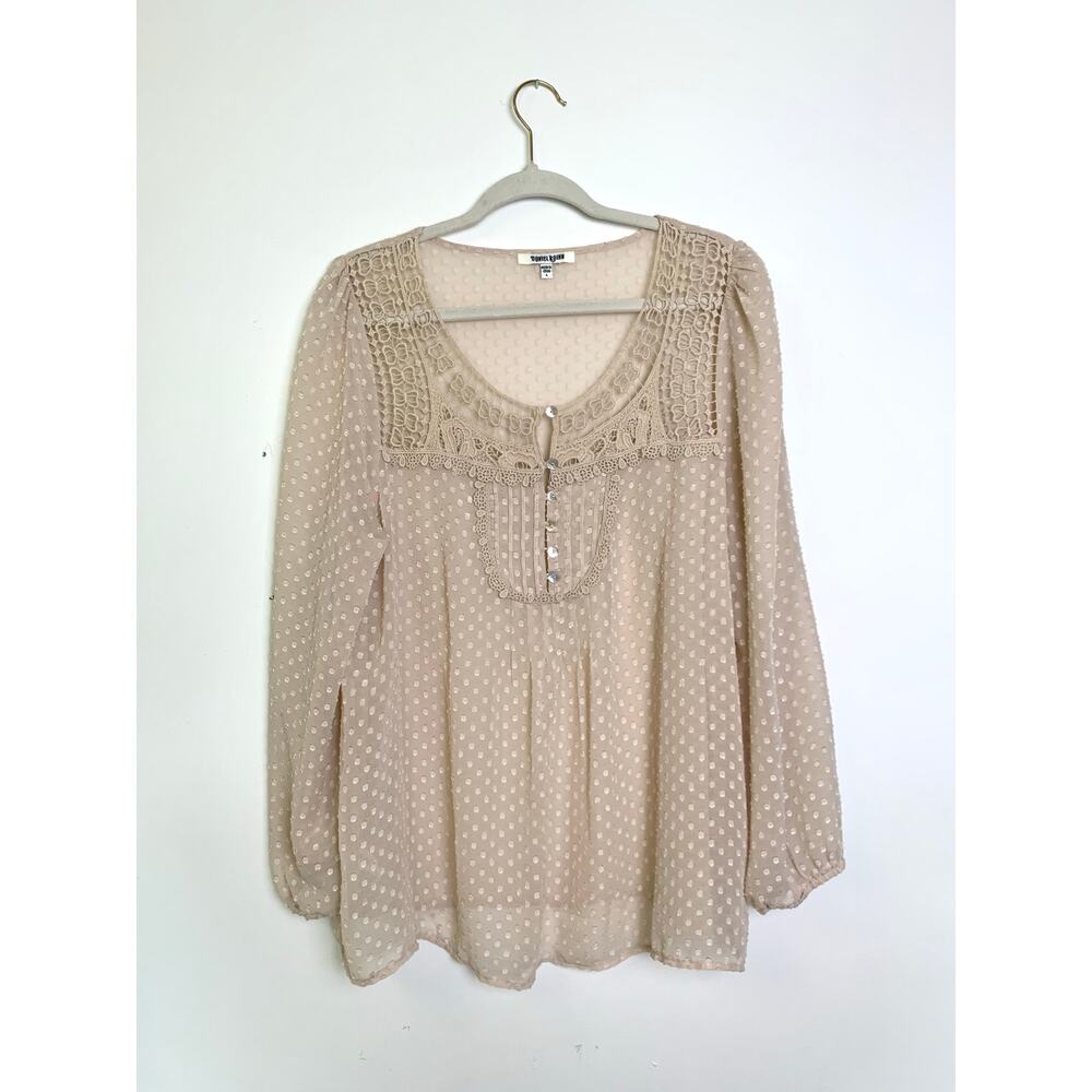 Women's Swiss Dot Peasant Blouse with Crochet Lace in Champagne Size L Boho Twee